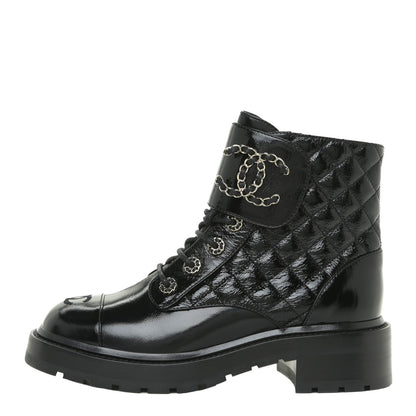 Chanel Shiny Calfskin Quilted Lace Up Combat Boots 38 Black 1 of 13