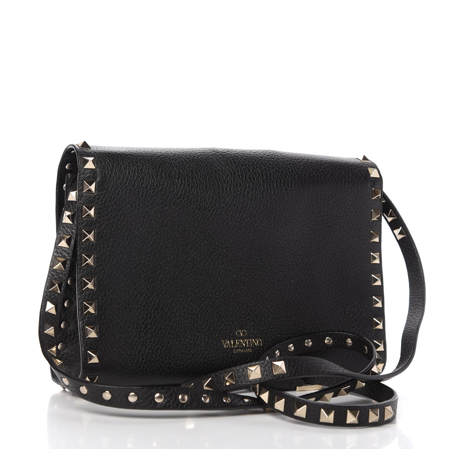 Pebbled Calfskin Medium Rockstud Flip Lock Crossbody Bag Black