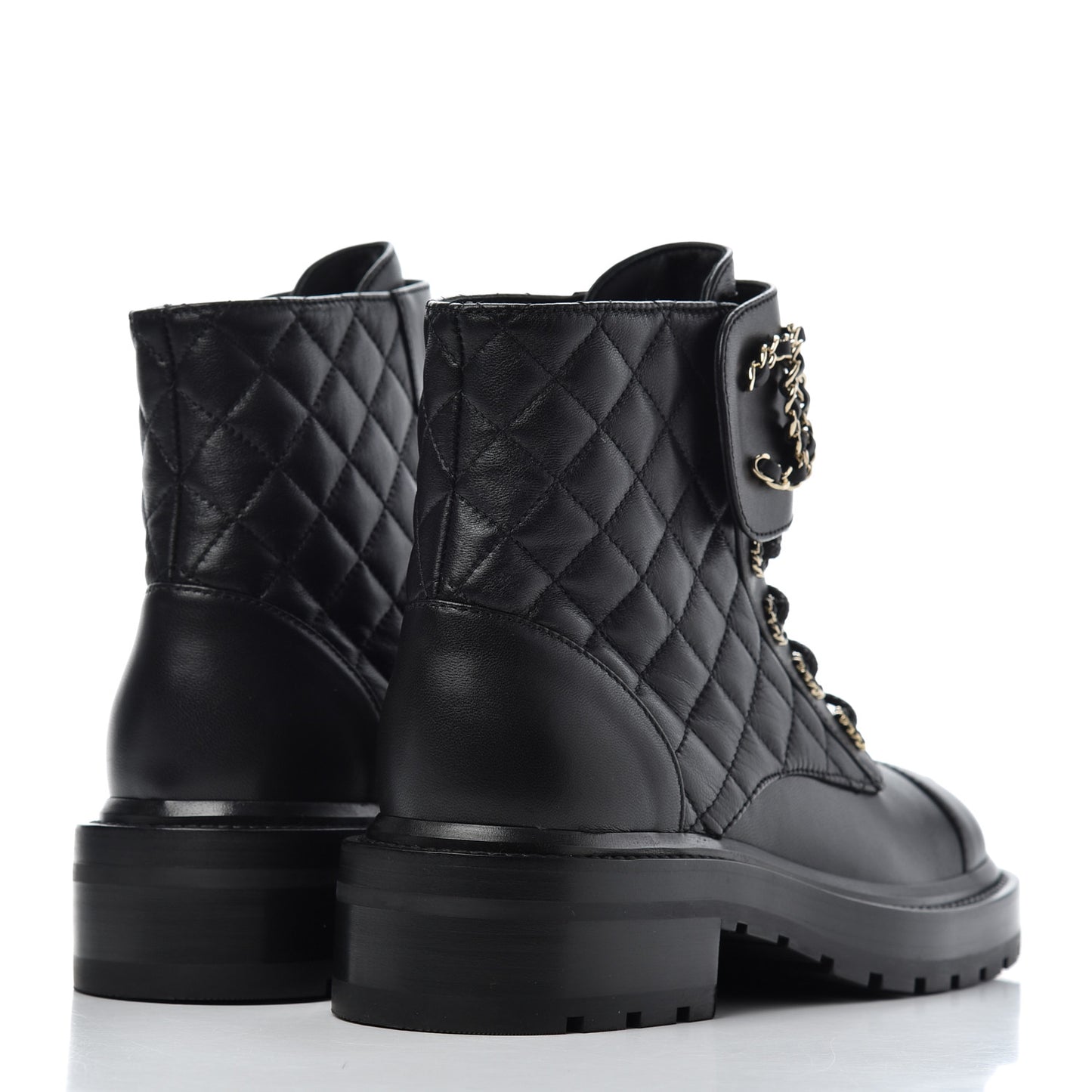 Shiny Lambskin Quilted Lace Up Combat Boots 35 Black