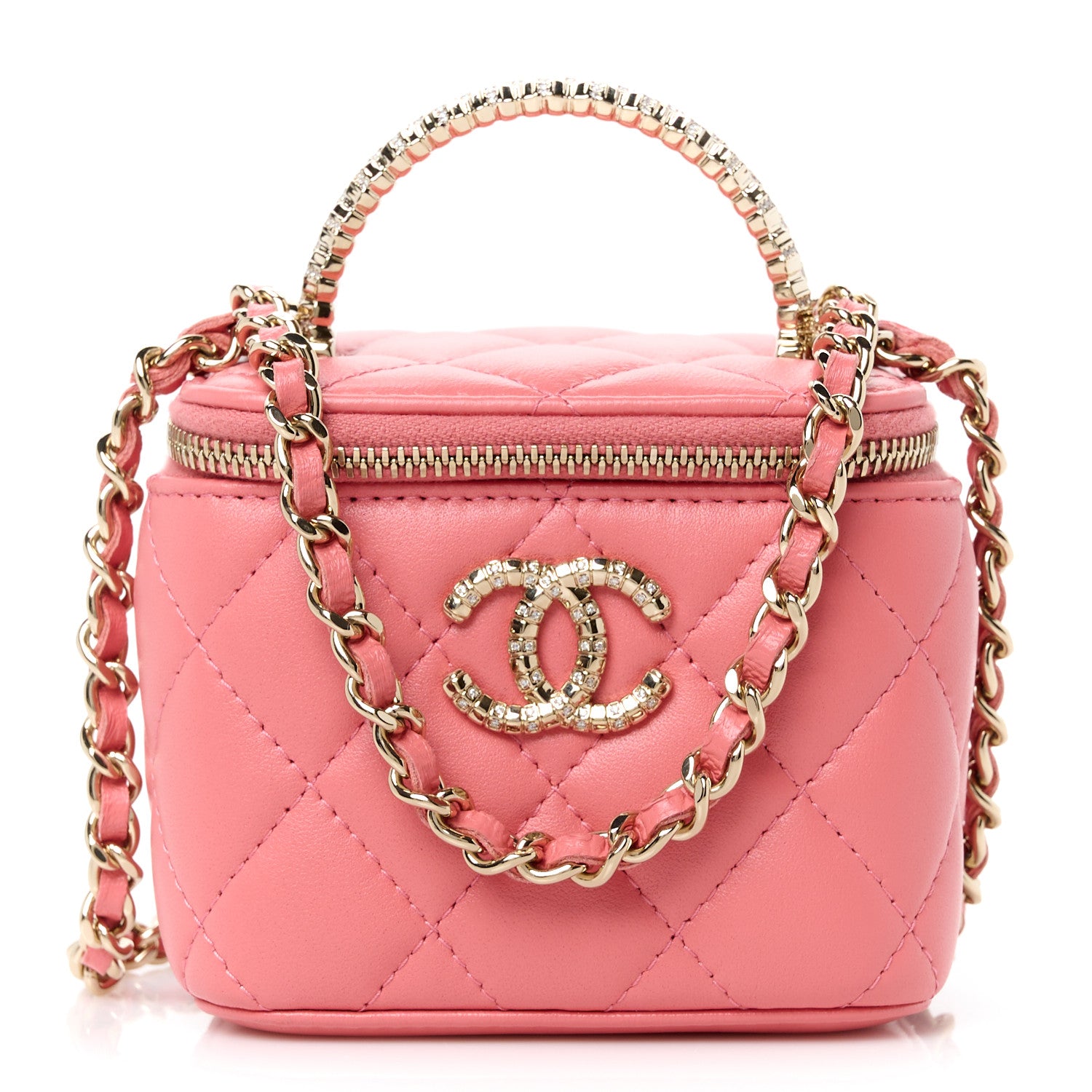 Chanel Lambskin Quilted Crystal Top Handle Mini Vanity Case With Chain Coral 1 of 11