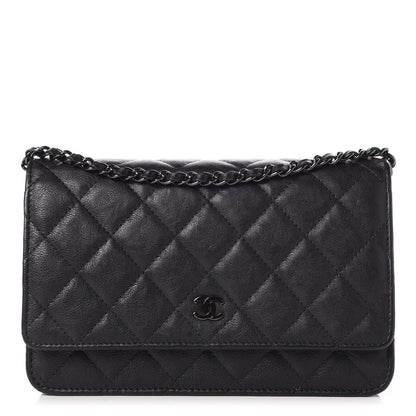 Chanel Crumpled Calfskin Quilted Wallet On Chain WOC So Black 1 of 9