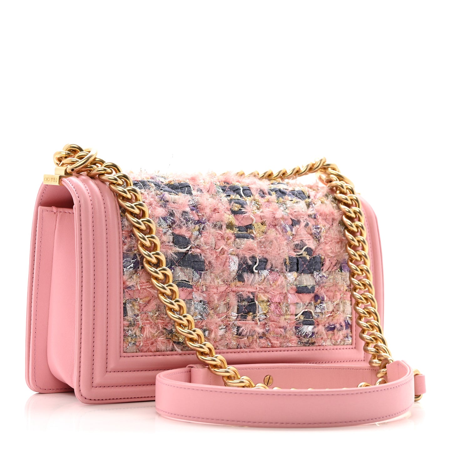 Iridescent Tweed Lambskin Medium Boy Flap Pink