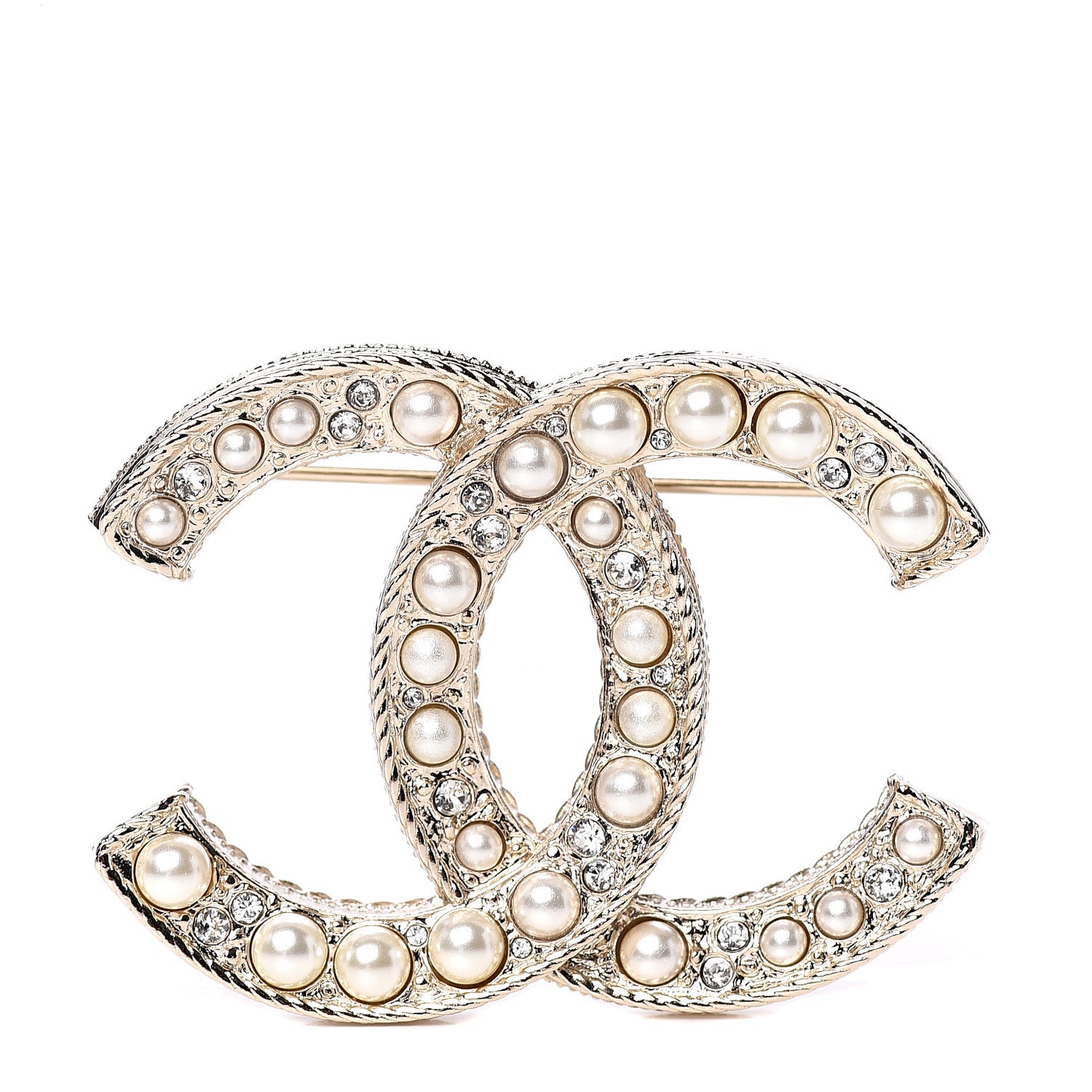 Pearl Crystal CC Brooch Gold