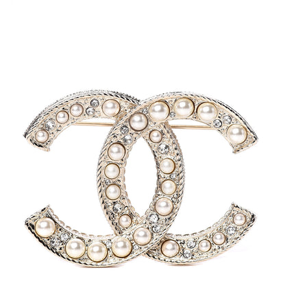 Chanel Pearl Crystal CC Brooch Gold 1 of 4