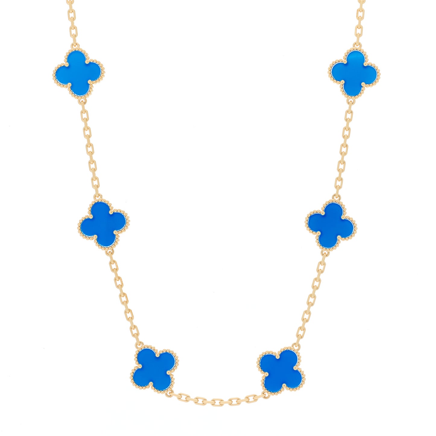 18K Yellow Gold Blue Agate 10 Motifs Vintage Alhambra Necklace
