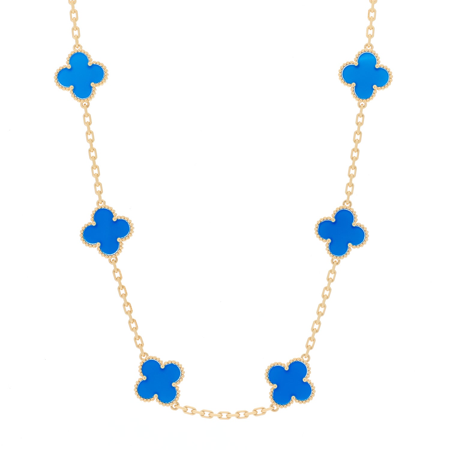 Van Cleef & Arpels 18K Yellow Gold Blue Agate 10 Motifs Vintage Alhambra Necklace 1 of 7
