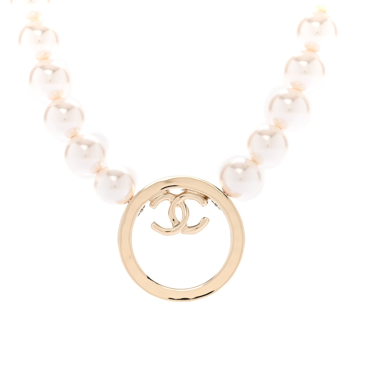 Pearl CC Round Long Necklace Gold White