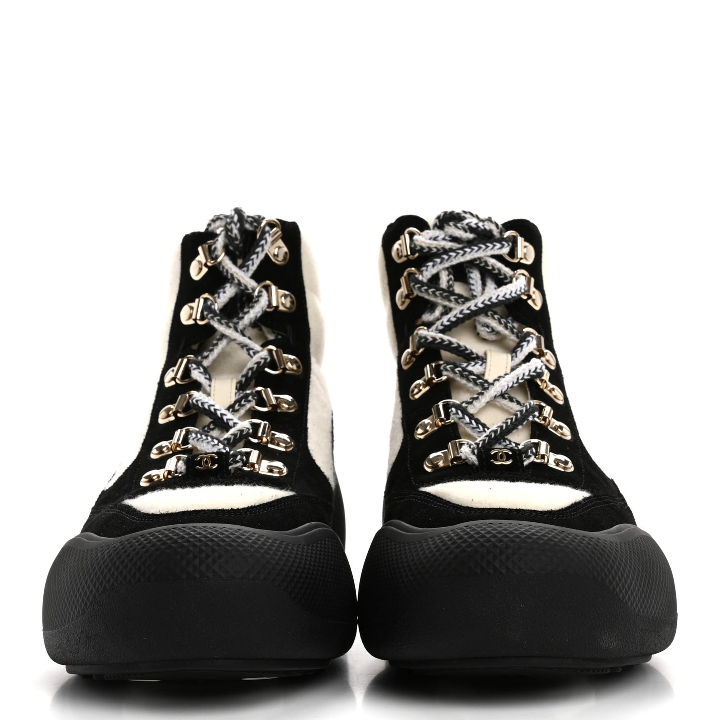 Wool Suede Calfskin Nylon CC Lace Up Ankle Snow Boots 39.5 Ivory Black