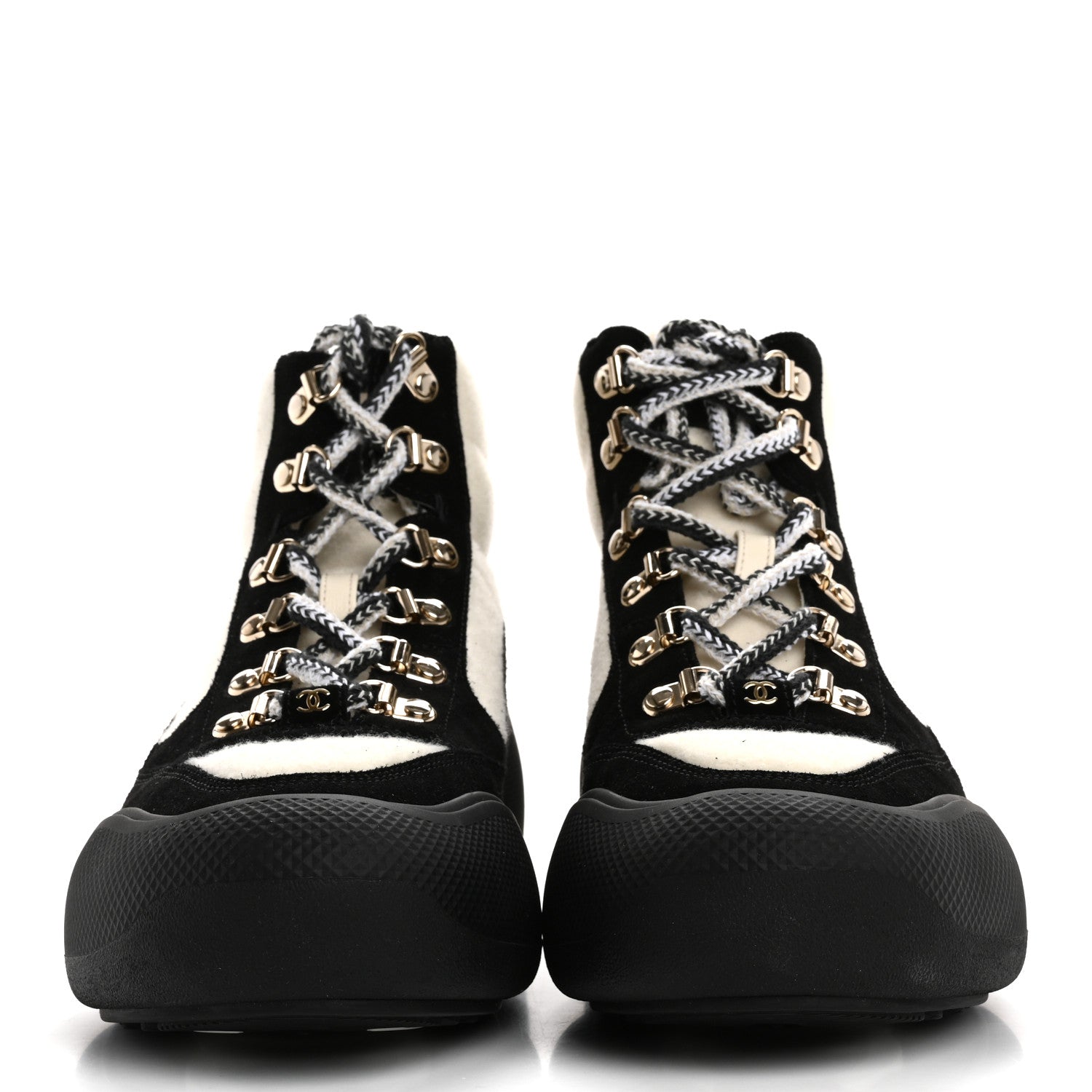 Chanel Wool Suede Calfskin Nylon CC Lace Up Ankle Snow Boots 39.5 Ivory Black 3 of 9