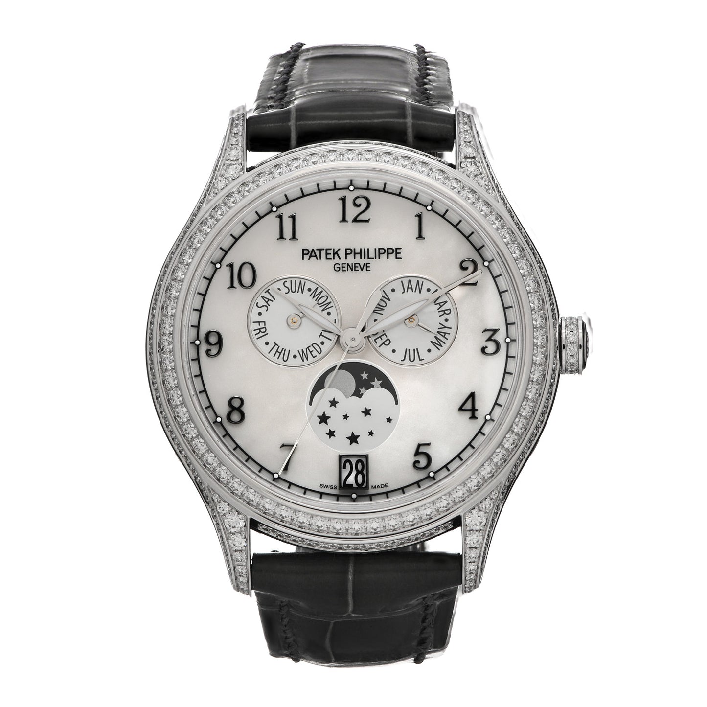 18K White Gold Alligator Diamond Mother of Pearl 38mm Annual Calendar Automatic Watch 4948G-010