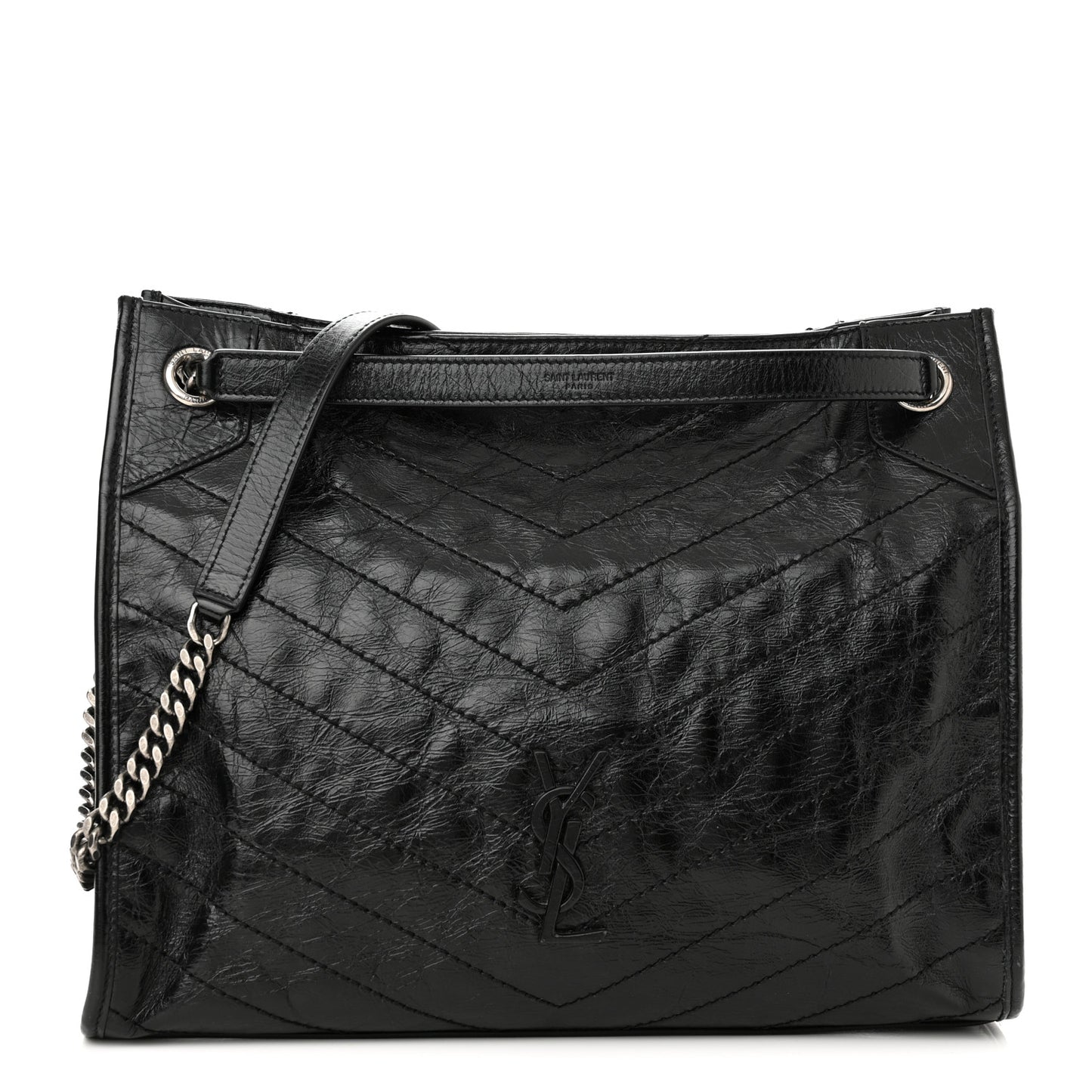 Crinkled Calfskin Matelasse Monogram Medium Niki Shopper Tote Black