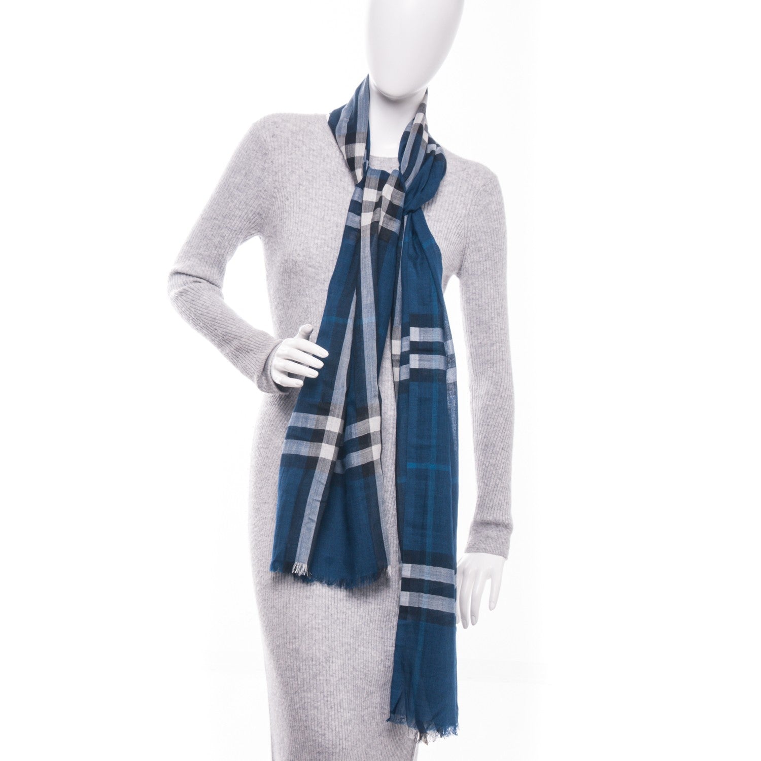 Burberry Wool Silk Giant Check Scarf Marine 2 of 3