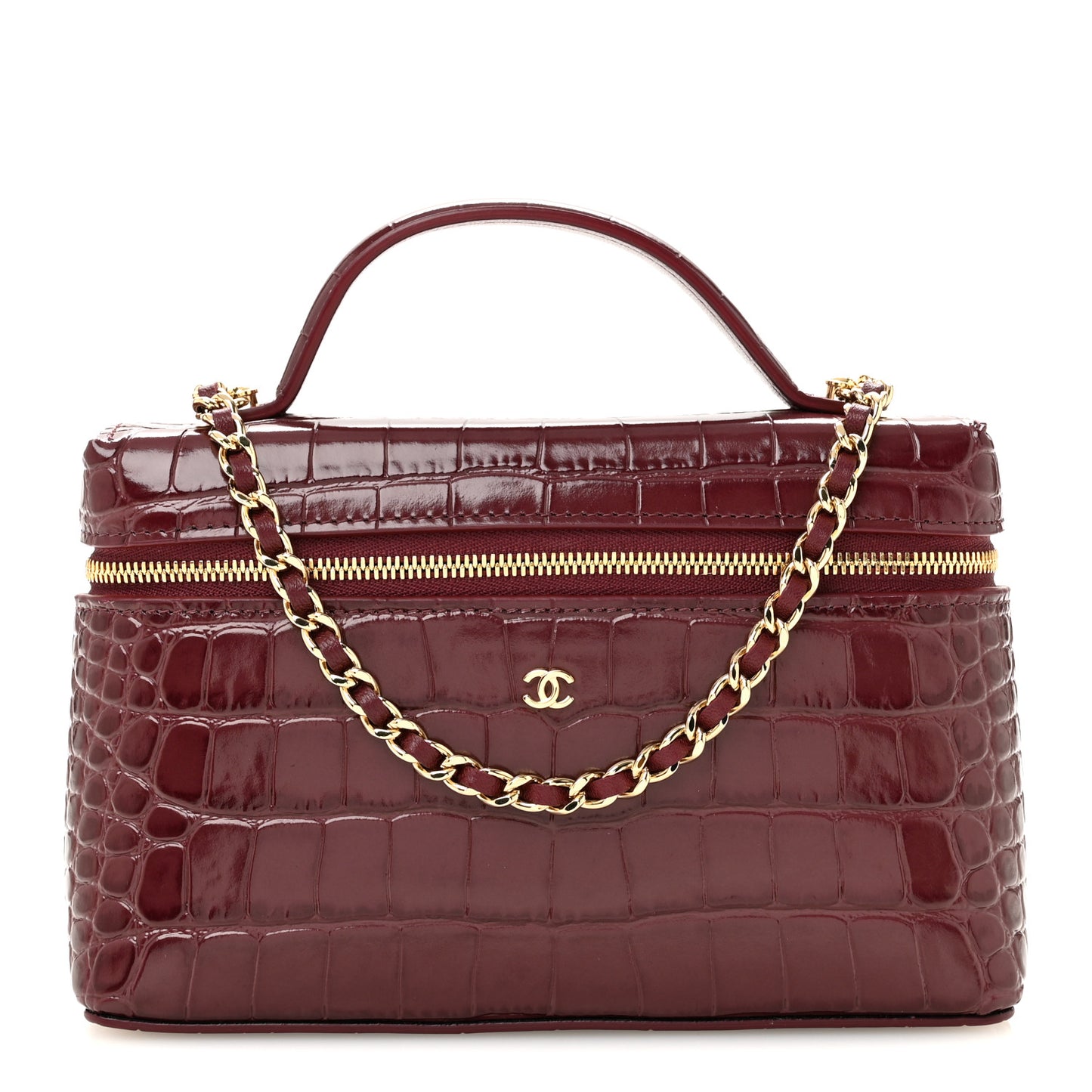 Calfskin Crocodile Embossed Crococo Top Handle Slim Vanity Case With Chain Dark Burgundy