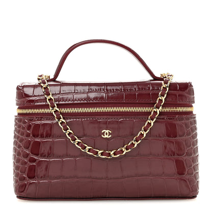 Chanel Calfskin Crocodile Embossed Crococo Top Handle Slim Vanity Case With Chain Dark Burgundy 1 of 11