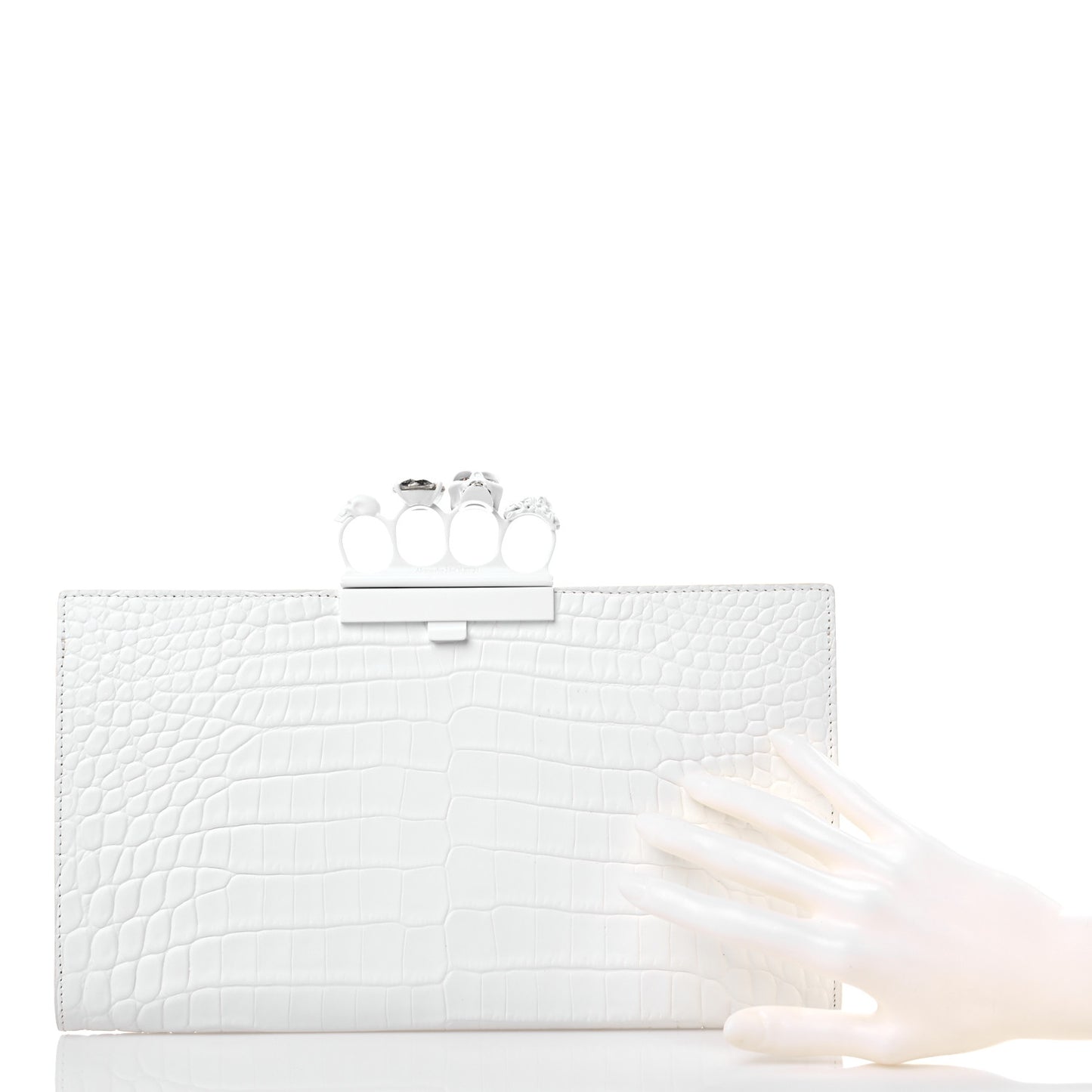 Calfskin Crocodile Embossed Knuckle Flat Clutch White