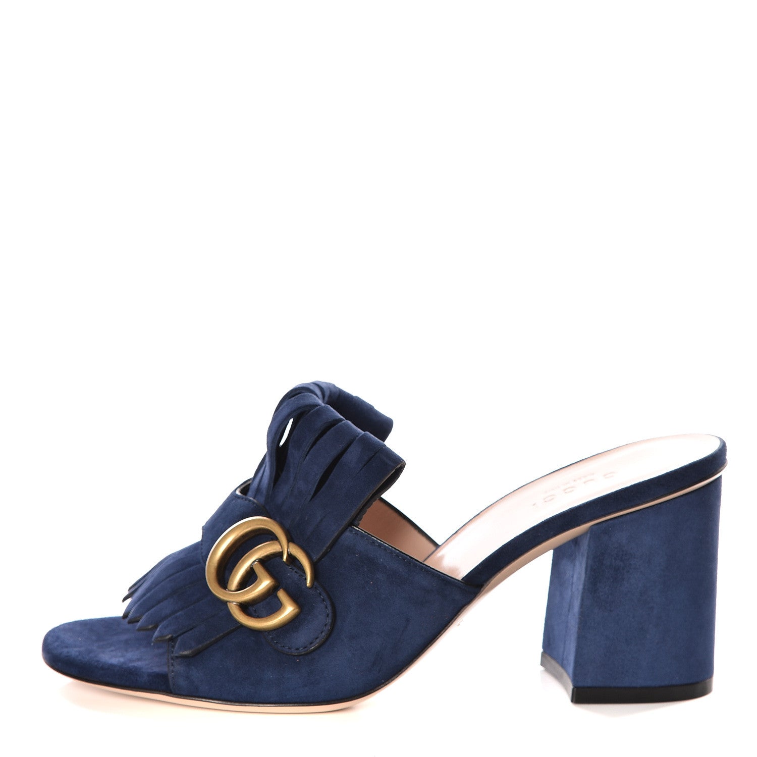 Gucci Kid Scamosciato GG Marmont Fringe 75mm Slide Sandals 37.5 Blue Ink 1 of 11