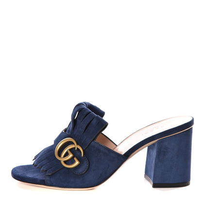 Gucci Kid Scamosciato GG Marmont Fringe 75mm Slide Sandals 37.5 Blue Ink 1 of 11