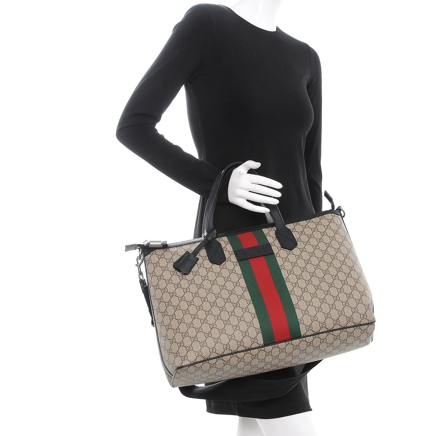 GG Supreme Monogram Web Medium Zippered Tote Beige Black