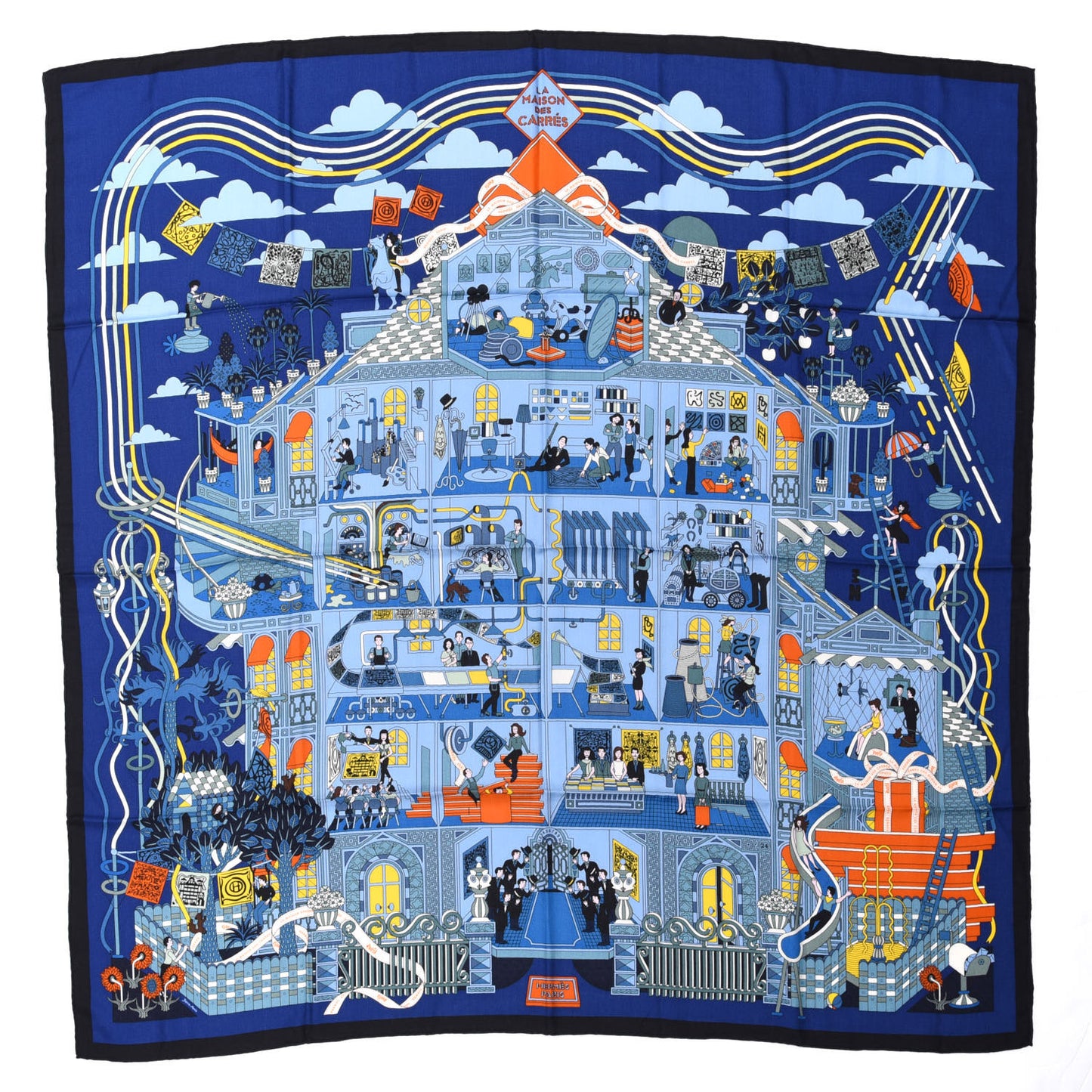 Cashmere Silk La Maison des Carres Shawl 140 Bleu Nuit Ciel Orange