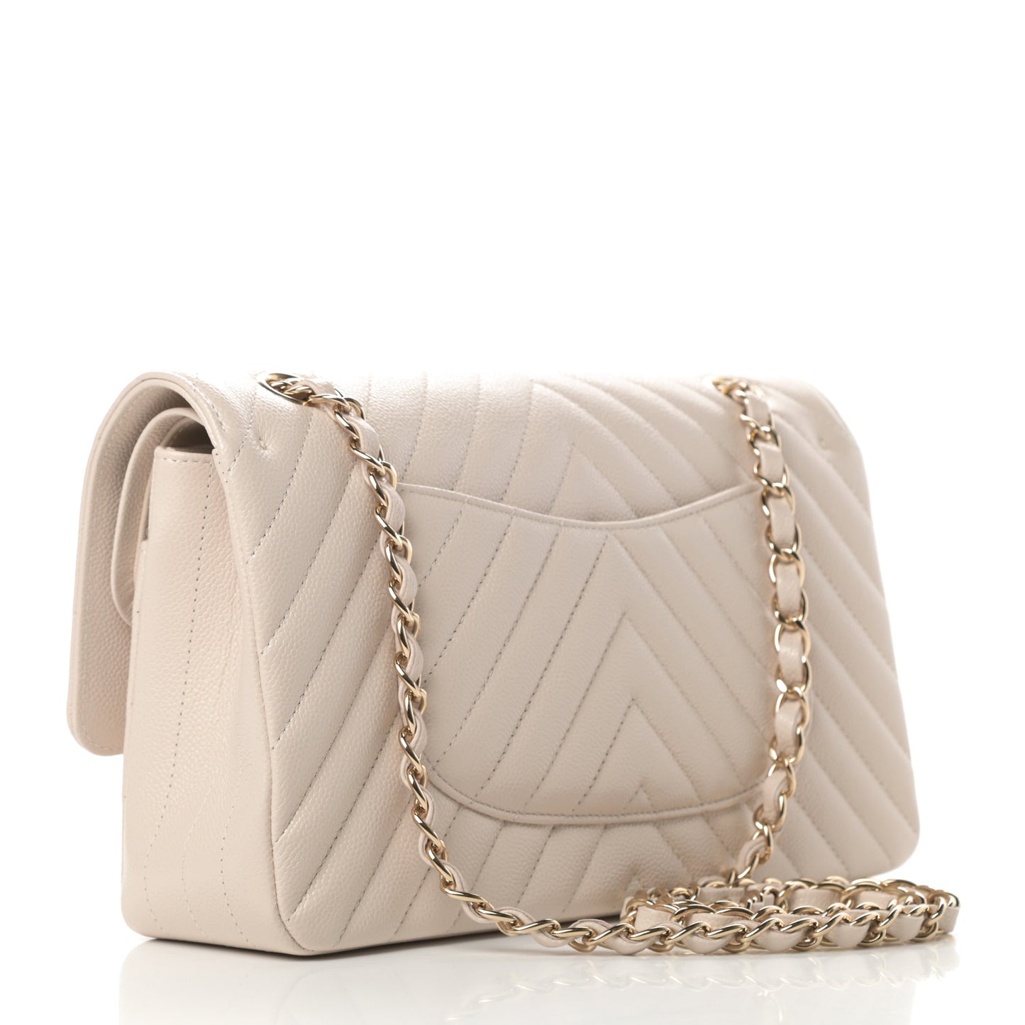 Caviar Chevron Quilted Medium Double Flap Beige