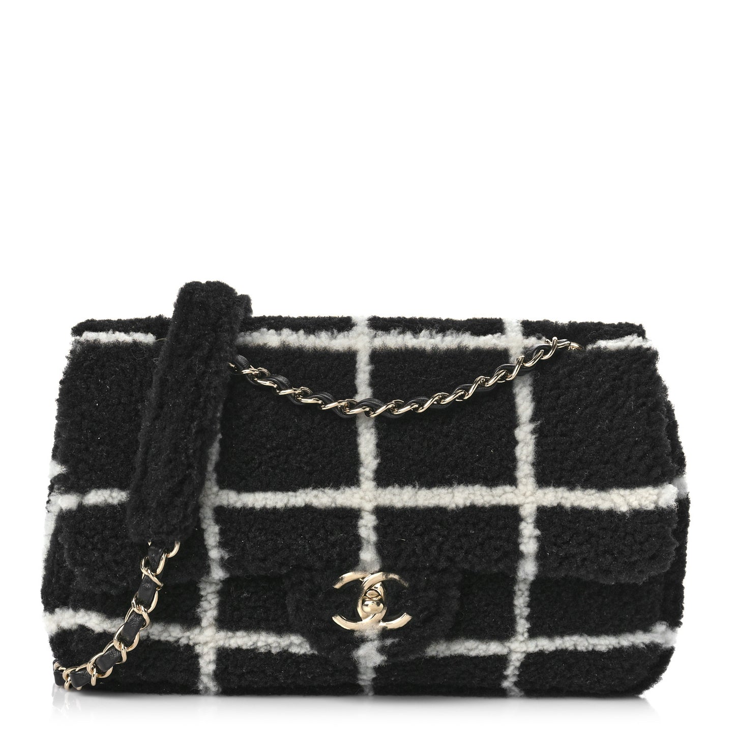 Shearling Lambskin Large Fluffy Tartan Single Flap Black White