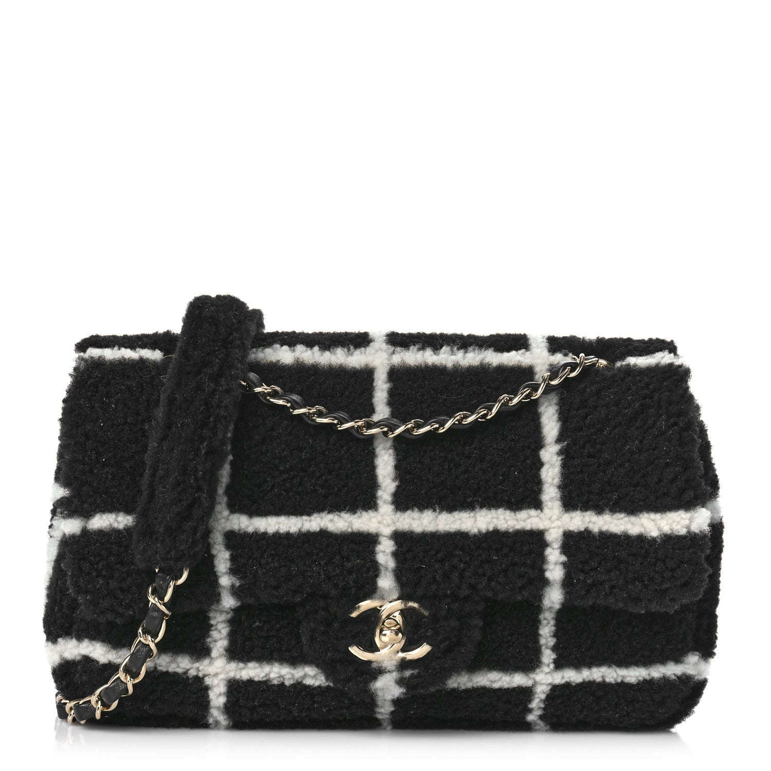 Chanel Shearling Lambskin Large Fluffy Tartan Single Flap Black White 1 of 9