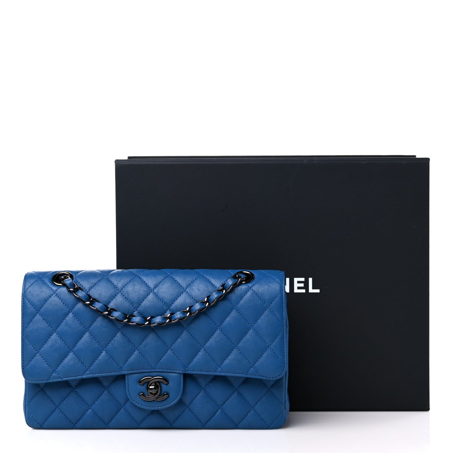 Crumpled Calfskin Quilted Medium Double Flap Blue