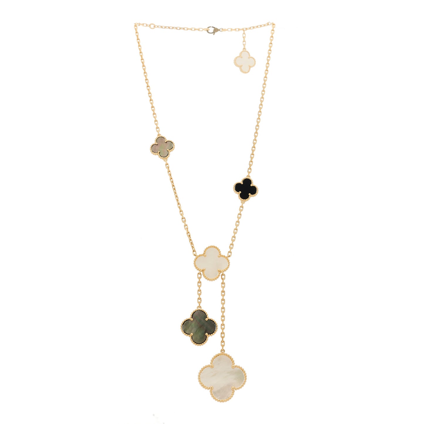 18K Yellow Gold Mother of Pearl Onyx 6 Motifs Magic Alhambra Necklace
