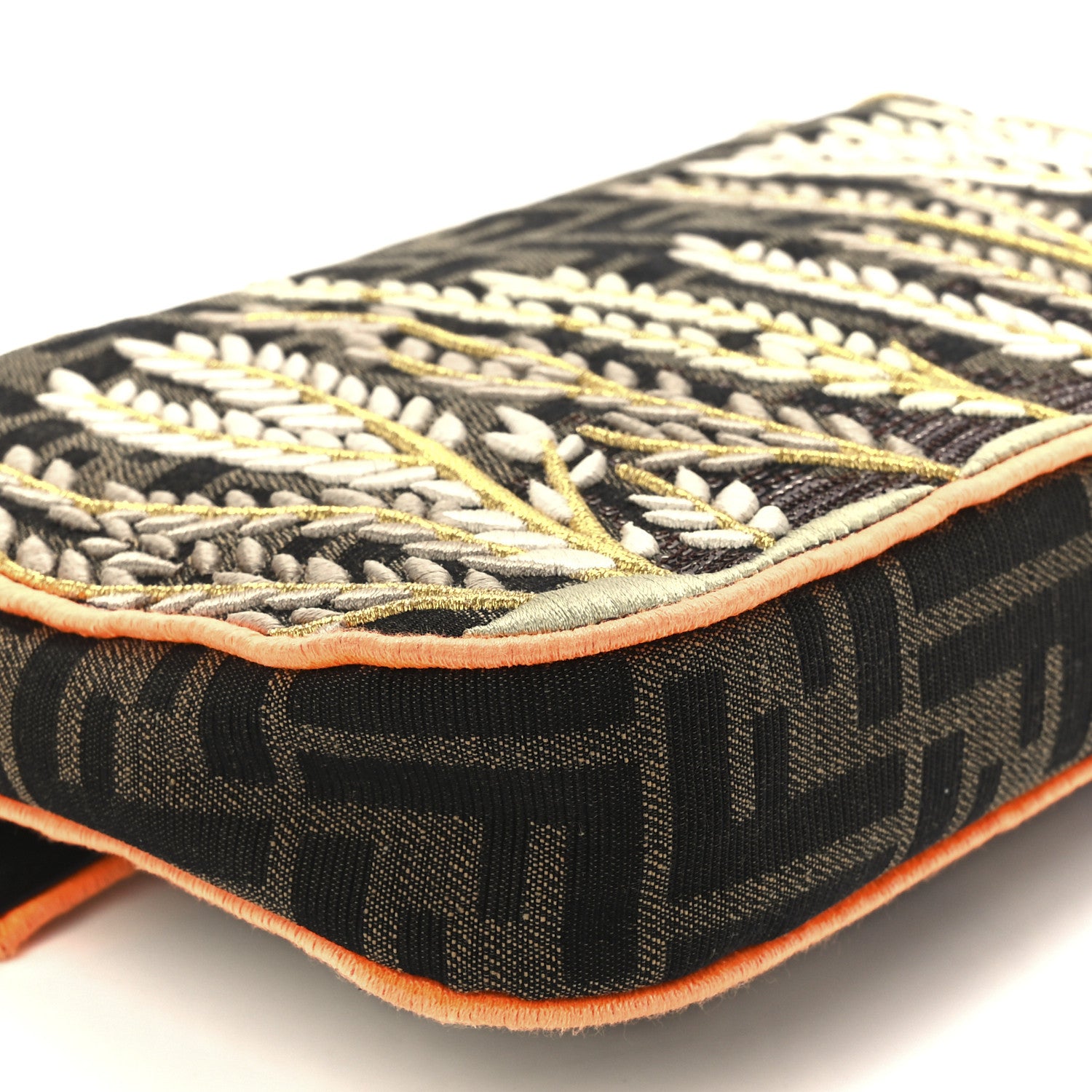Fendi Fabric Jacquard FF 1974 Plant Embroidered Baguette Tobacco Moro Orange 13 of 14