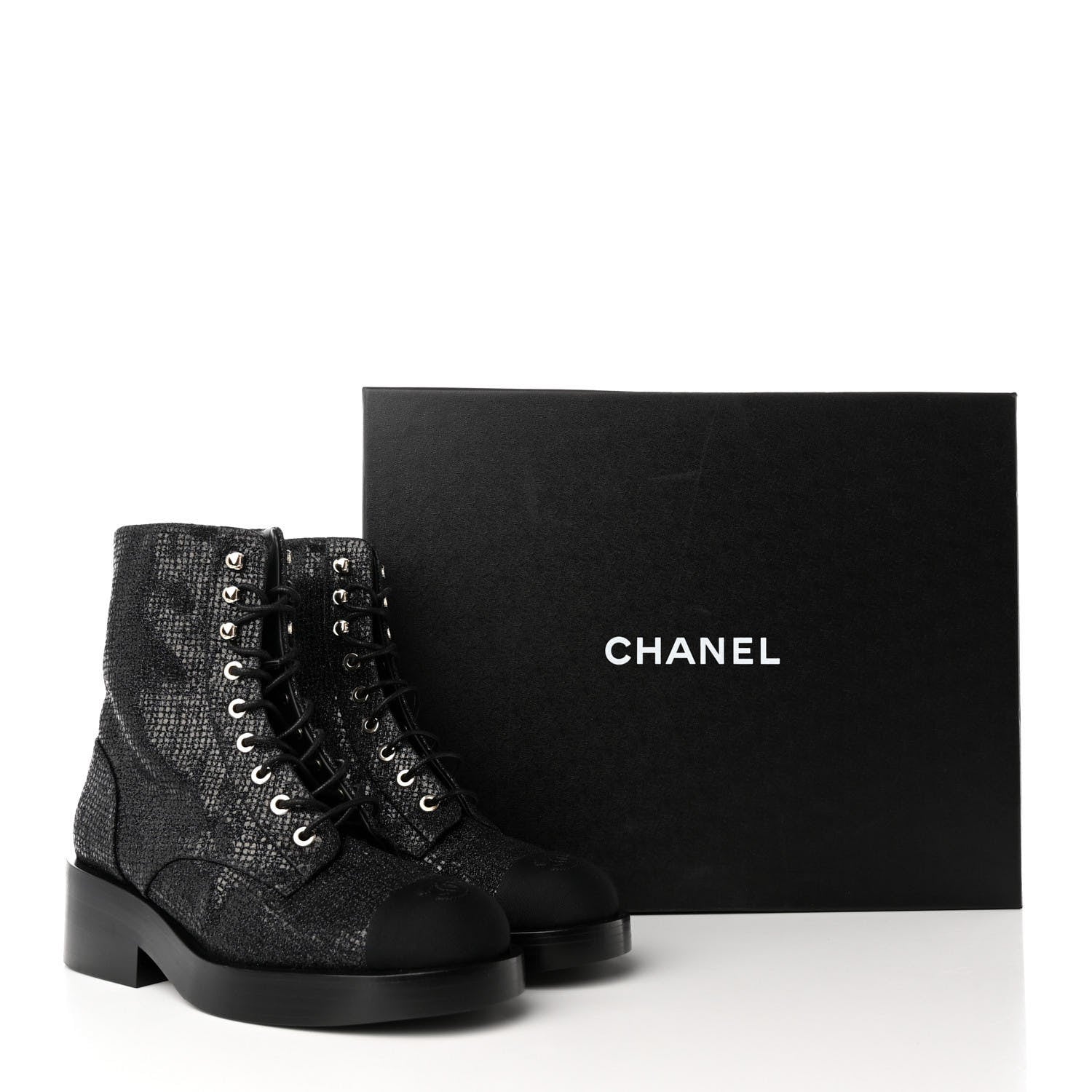 Chanel Fabric Grosgrain CC Combat Short Boots 37.5 Black 11 of 11