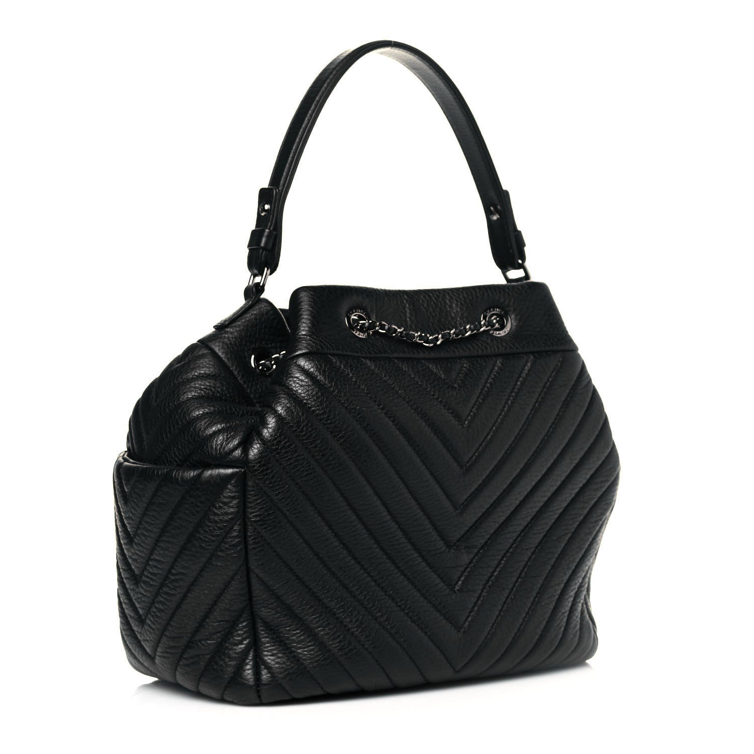 Chanel Deerskin Chevron Large CC Chain Bucket Drawstring Bag Black 2 of 9