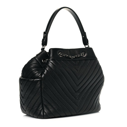 Chanel Deerskin Chevron Large CC Chain Bucket Drawstring Bag Black 2 of 9