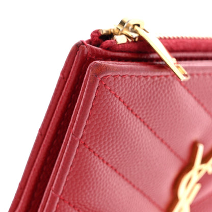 Saint Laurent Grain De Poudre Matelasse Chevron Monogram Zipped Card Case Rouge Eros 11 of 12
