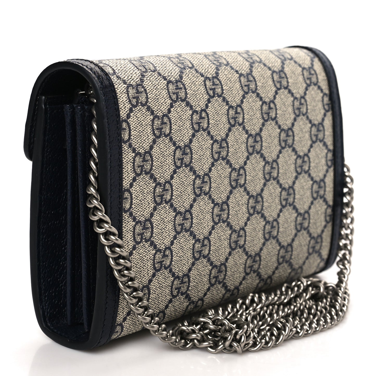 GG Supreme Monogram Textured Dollar Calfskin Mini Dionysus Chain Wallet Beige Blue