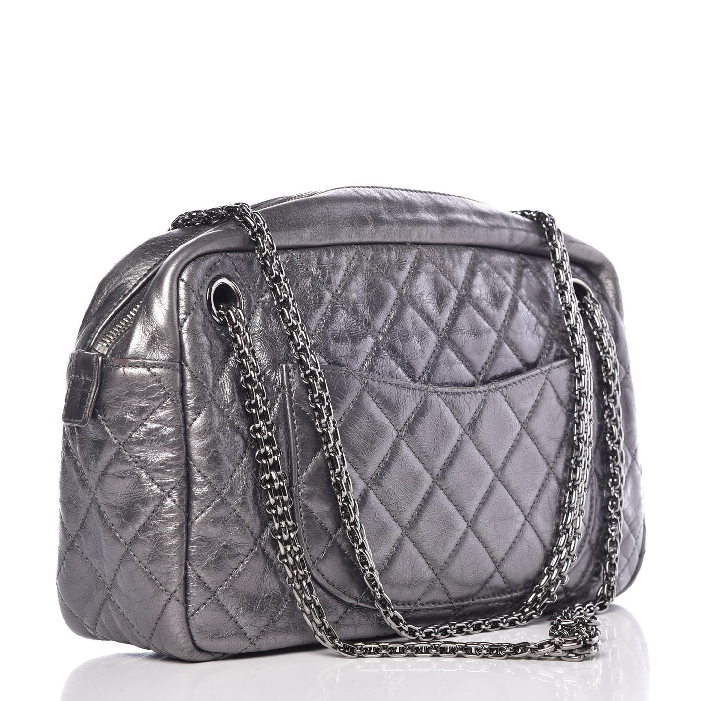 Metallic Aged Calfskin Quilted Medium Reissue Camera Case Dark Silver
