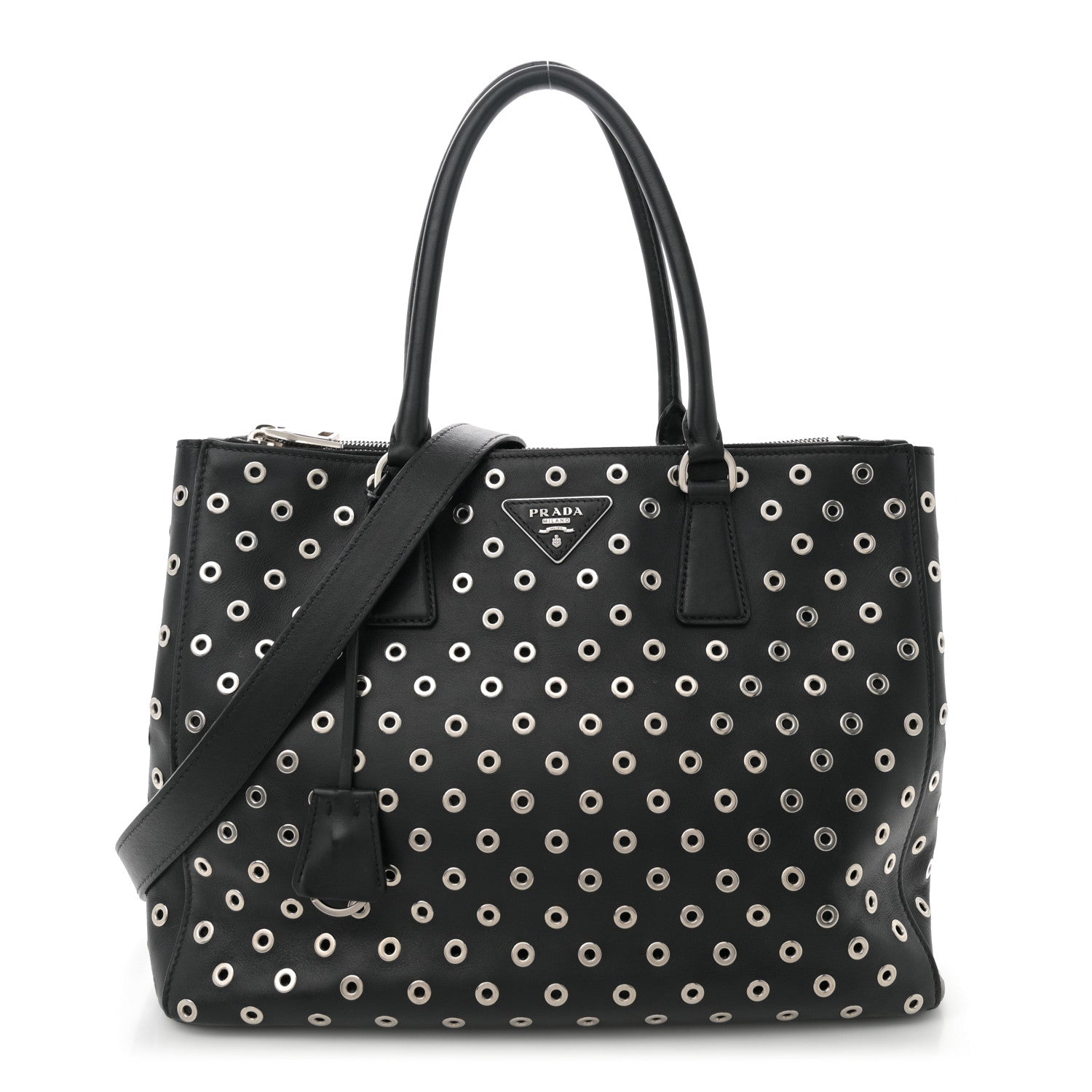 Prada City Calf Grommet Large Double Zip Tote Black 1674741