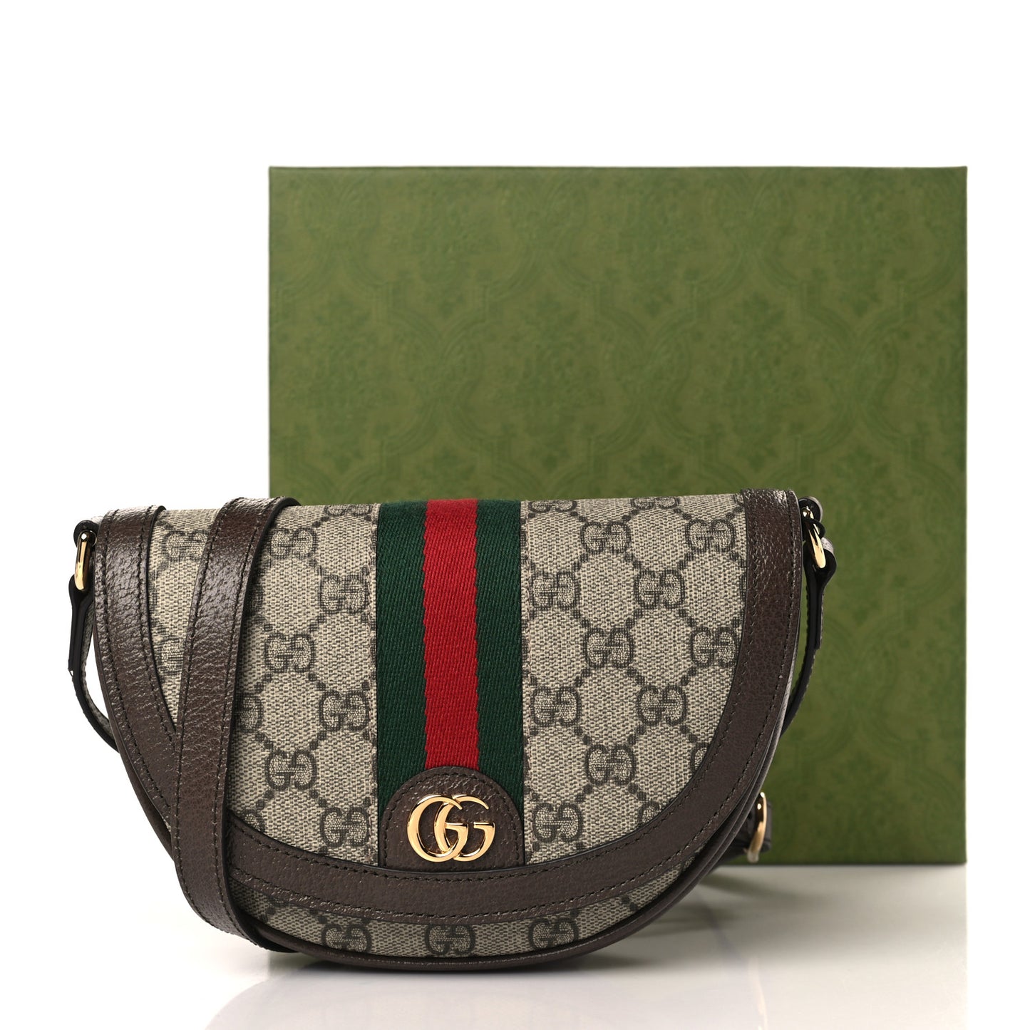 GG Supreme Monogram Textured Dollar Calfskin Web Mini Ophidia Flap Shoulder Bag Beige Ebony New Acero