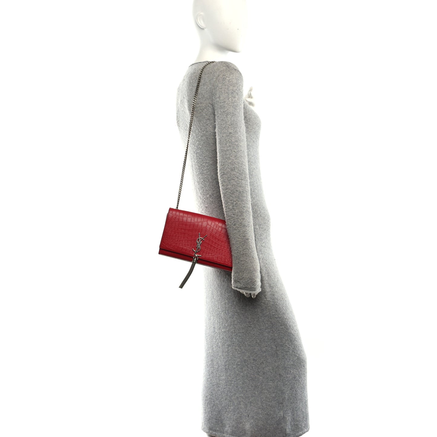 Calfskin Crocodile Embossed Medium Classic Monogram Kate Tassel Satchel New Red