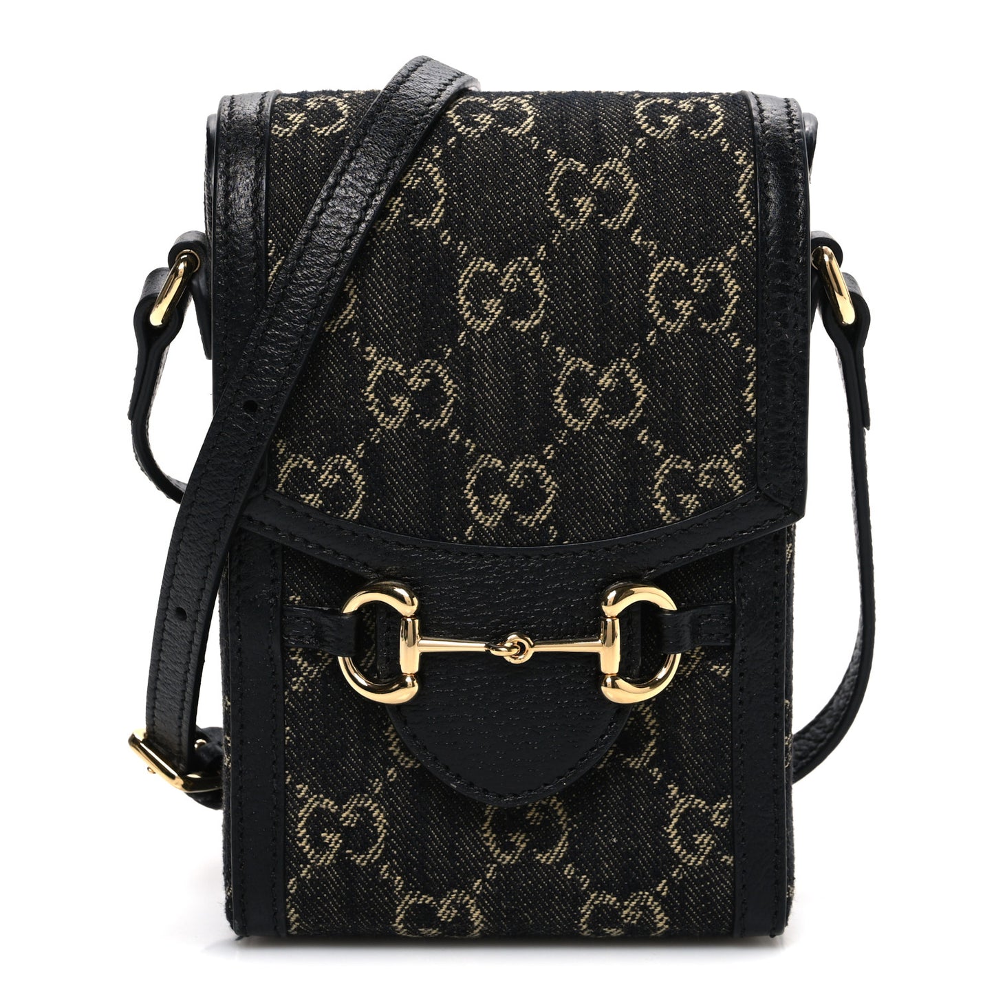 Jacquard Black Denim GG Monogram Textured Dollar Calfskin Mini Horsebit 1955 Crossbody Bag Black Ivory