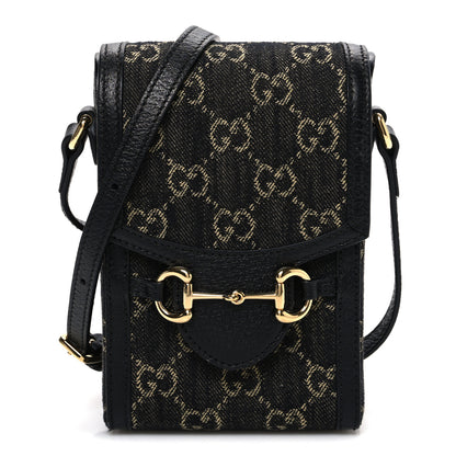 Gucci Jacquard Black Denim GG Monogram Textured Dollar Calfskin Mini Horsebit 1955 Crossbody Bag Black Ivory 1 of 10