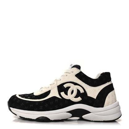 Chanel Suede Calfskin Printed CC Sneakers 38 White Black 1 of 8