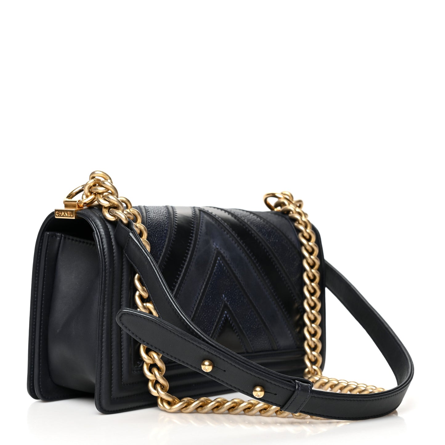 Caviar Suede Calfskin Chevron Medium Boy Flap Navy
