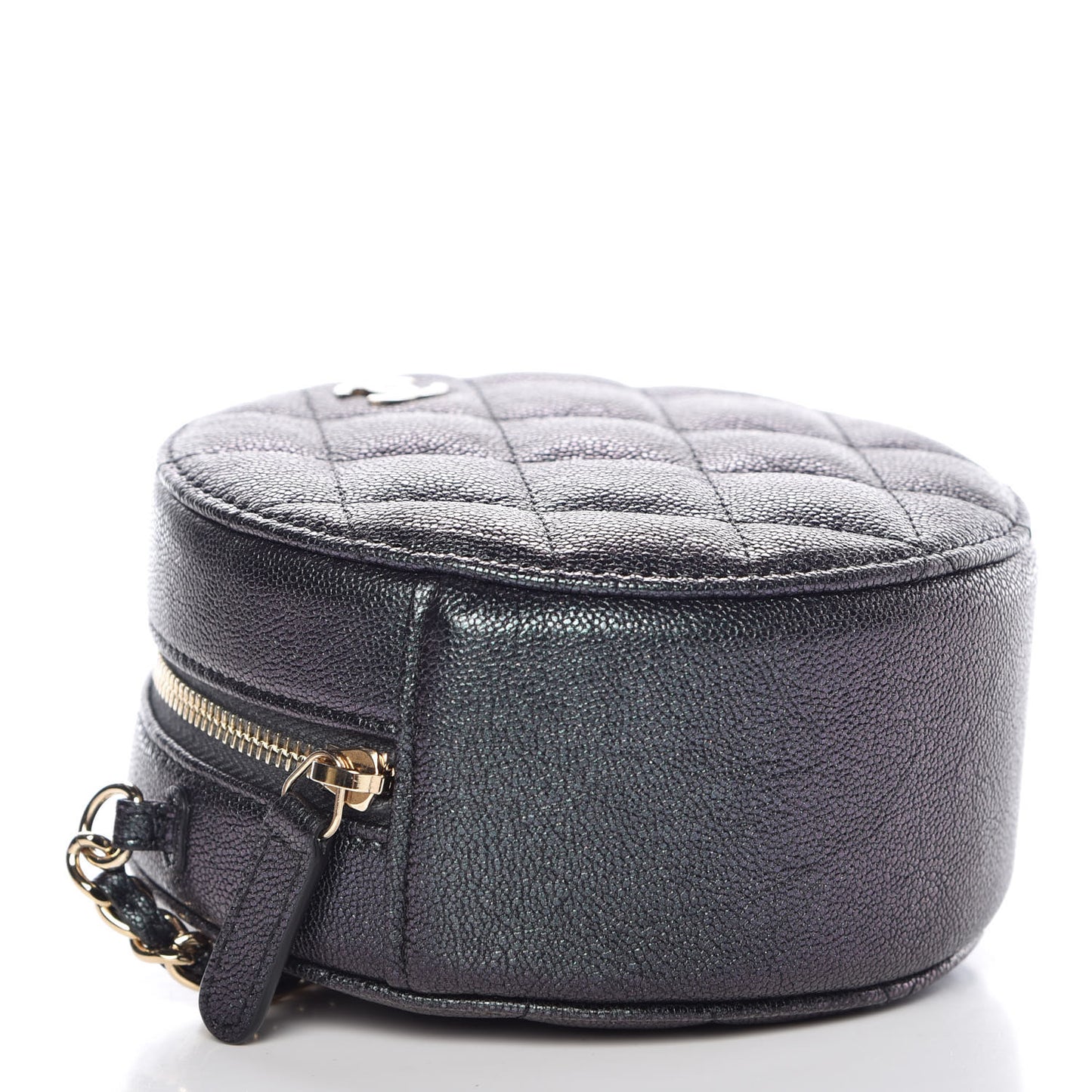 Iridescent Caviar Quilted Round Clutch With Chain Black