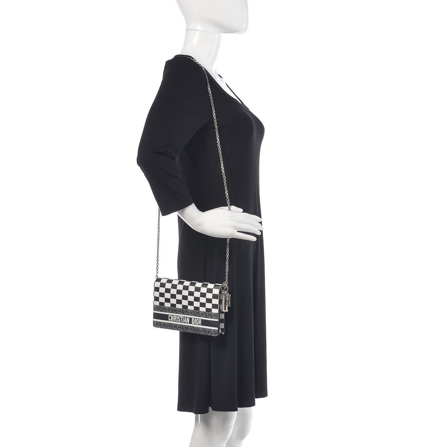 Calfskin Checkered Print Wallet On Chain WOC White Black