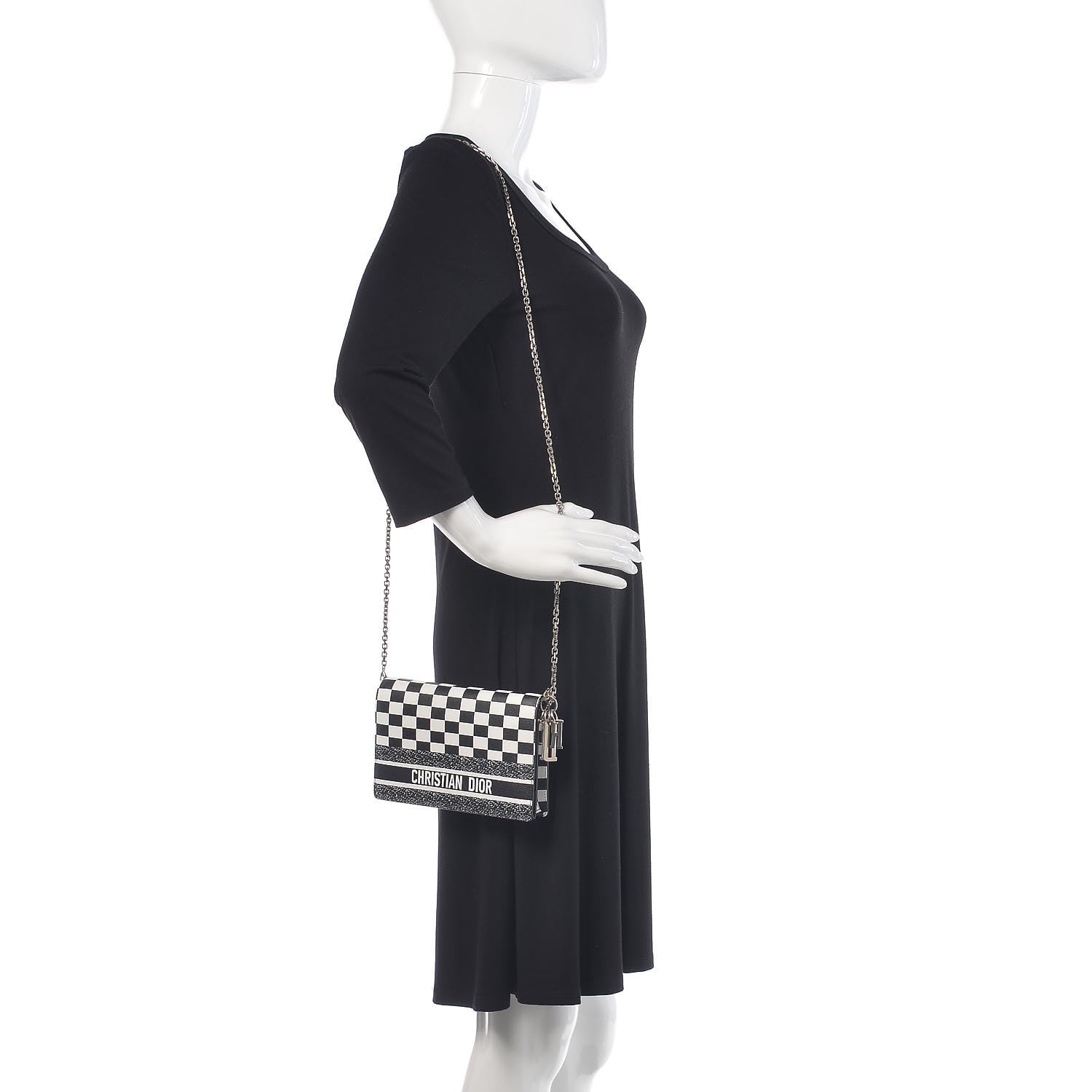Christian Dior Calfskin Checkered Print Wallet On Chain WOC White Black 2 of 8