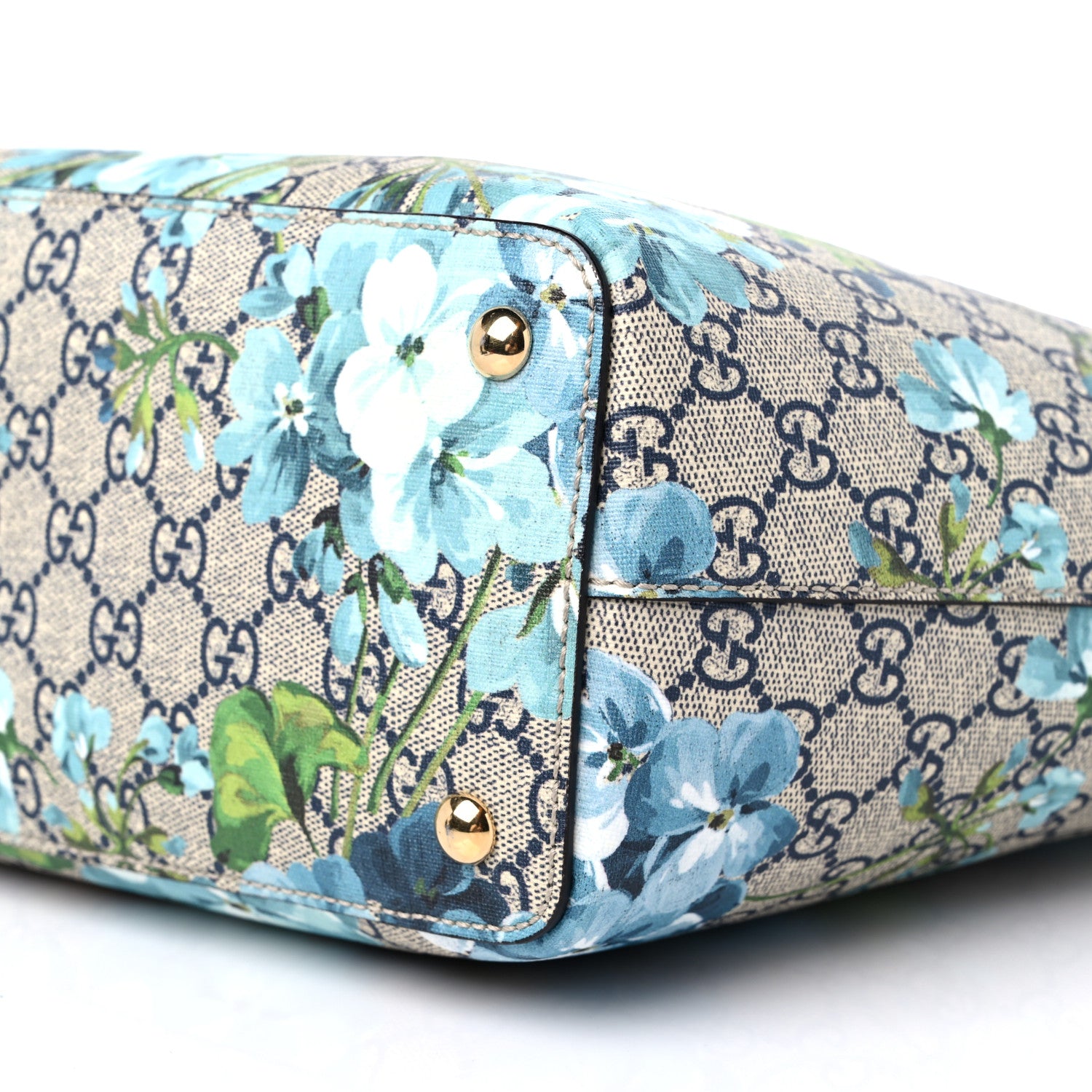 Gucci GG Supreme Monogram Blooms Medium Zippered Bucket Tote Beige Blue Navy Hibiscus Red 9 of 10