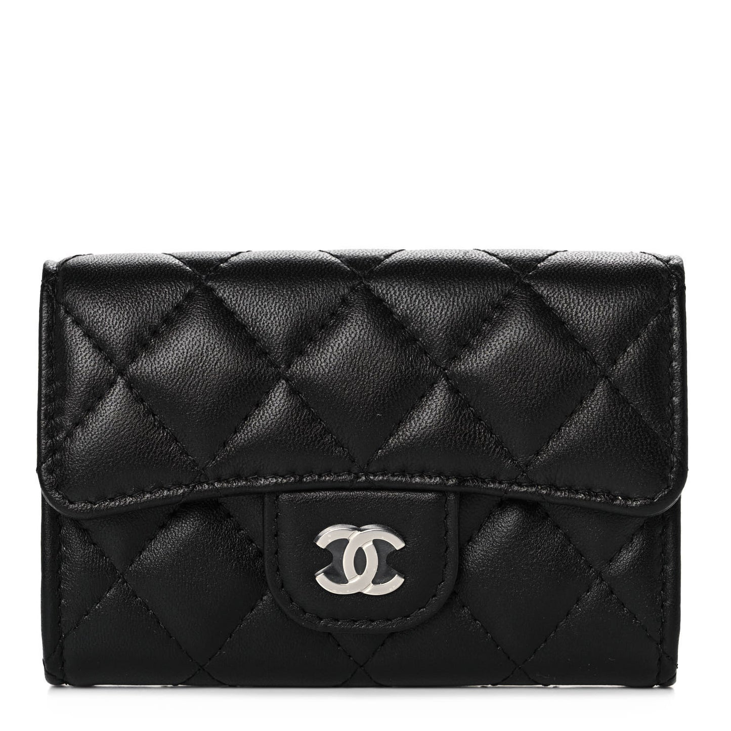 Lambskin Quilted Flap Card Holder Wallet Black