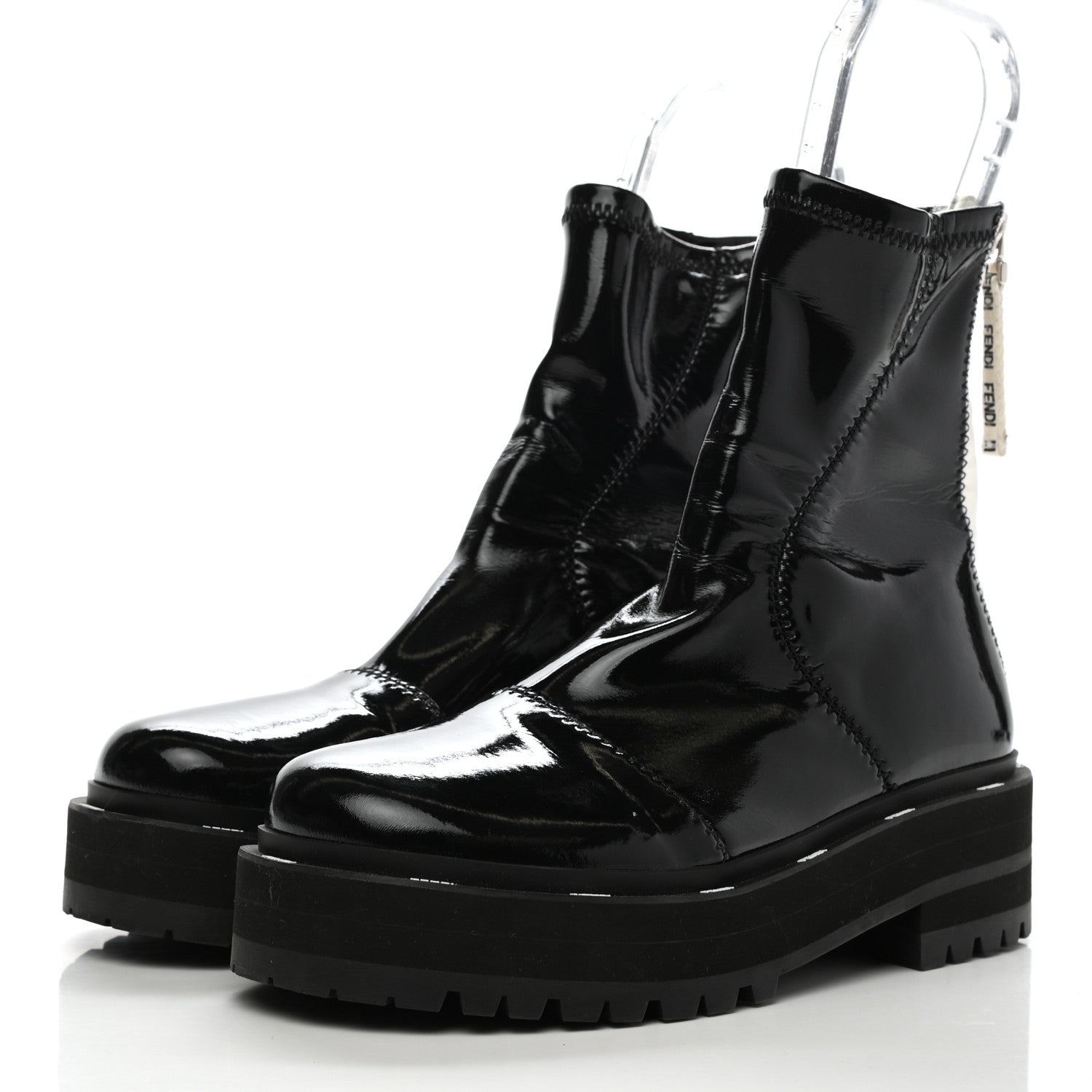 Fendi Shiny Stretch Nylon Platform Zip Biker Boots 36 Black 2 of 8