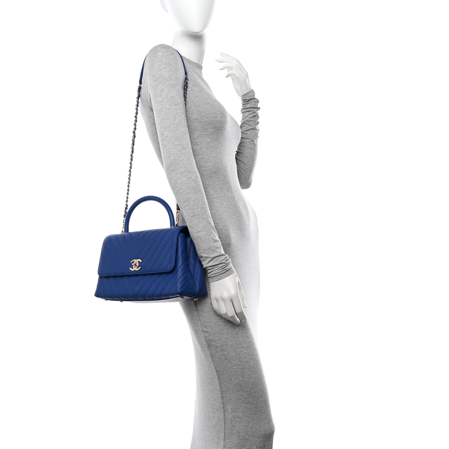 Chanel Caviar Chevron Quilted Small Coco Handle Flap Blue 3 of 12