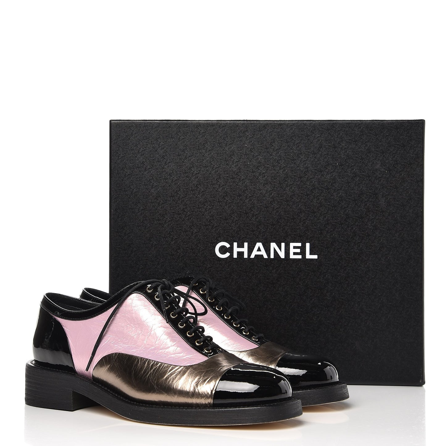 Crumpled Lambskin Patent CC Lace Up Oxfords 40 Pink Gold Black